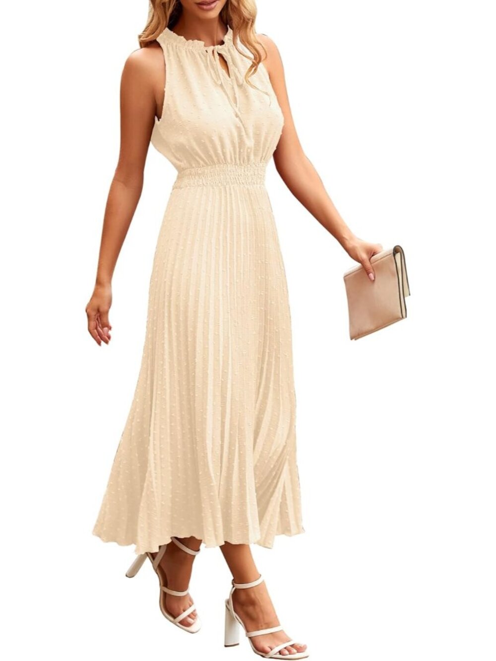 Women's Apricot Midi Summer Dresses Casual V Neck Swiss Dot Ruffle Sleeveless